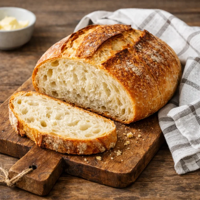 Svaigi cepta ierauga maize ar kraukšķīgu garozu uz koka dēlīša, ar nogrieztu šķēli priekšplānā