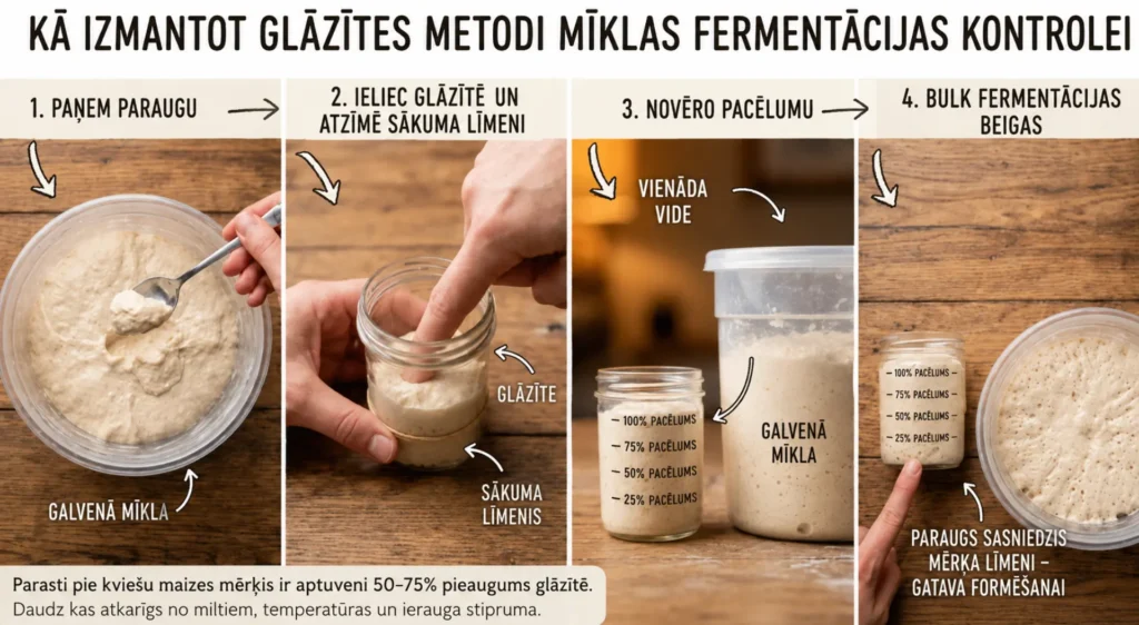 Glāzītes metodes soļi ierauga maizes fermentācijas novērošanai